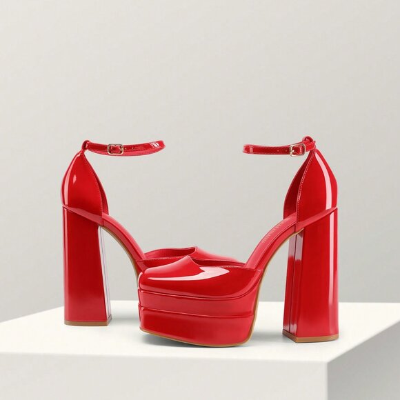 Red Fashionable Women's High Block platform Heels - Picture 7 of 9